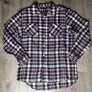 Stussy Men's Plaid Button Down Shirt - Blue, White, and Orange Sz Large